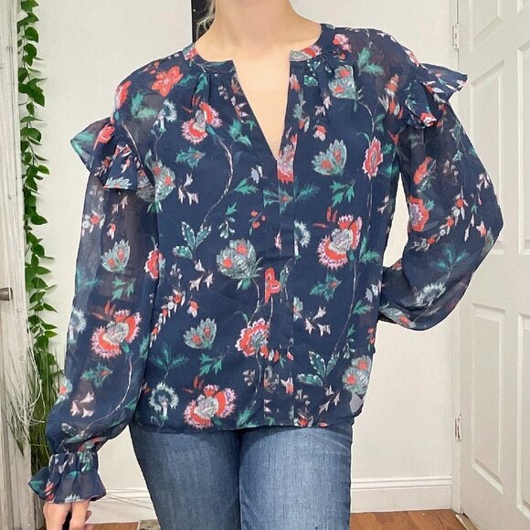 Derek Lam Floral Print Ruffle Trim V-Neck Top Blouse Size 2 Blue - Picture 1 of 7
